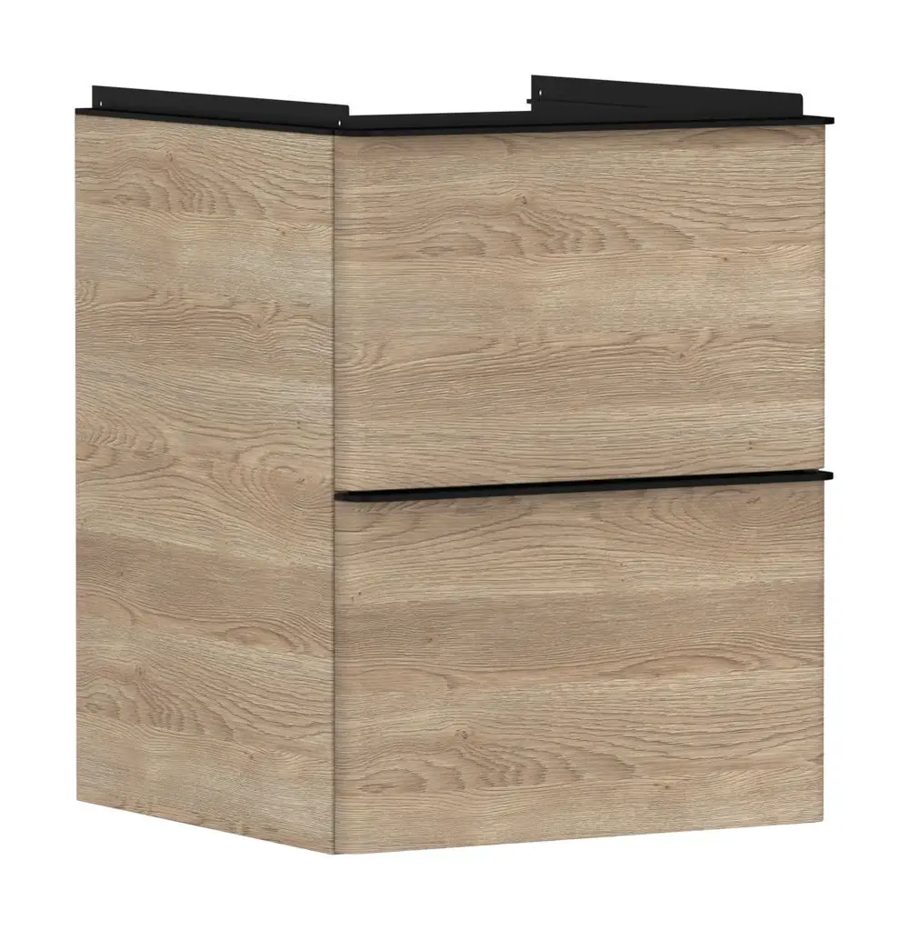 Waschtischunterschrank in Holzoptik mit zwei Schubkästen, geeignet für ein Handwaschbecken. Marke Hansgrohe.